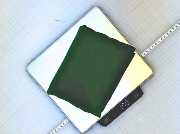 Folded green fabric on a digital scale, with a tape measure lying beside it