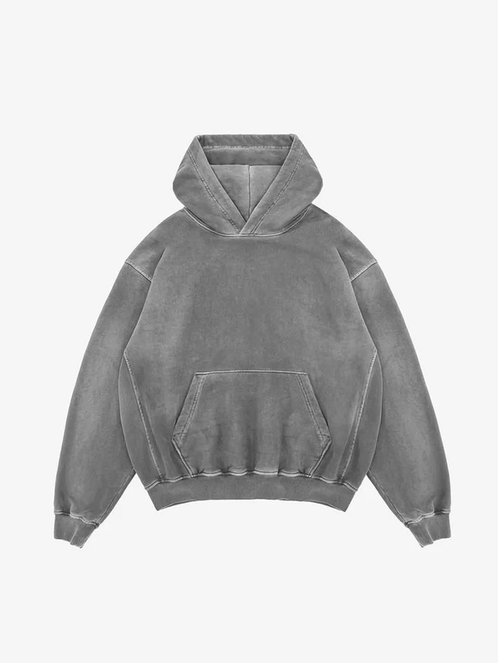 Grey washed oversized hoodie with a front pocket, laid flat on a white background