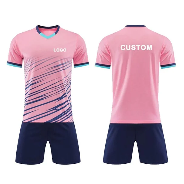 Design mockup of a pink football kit with navy diagonal stripes, front and back, with sample logo and name text